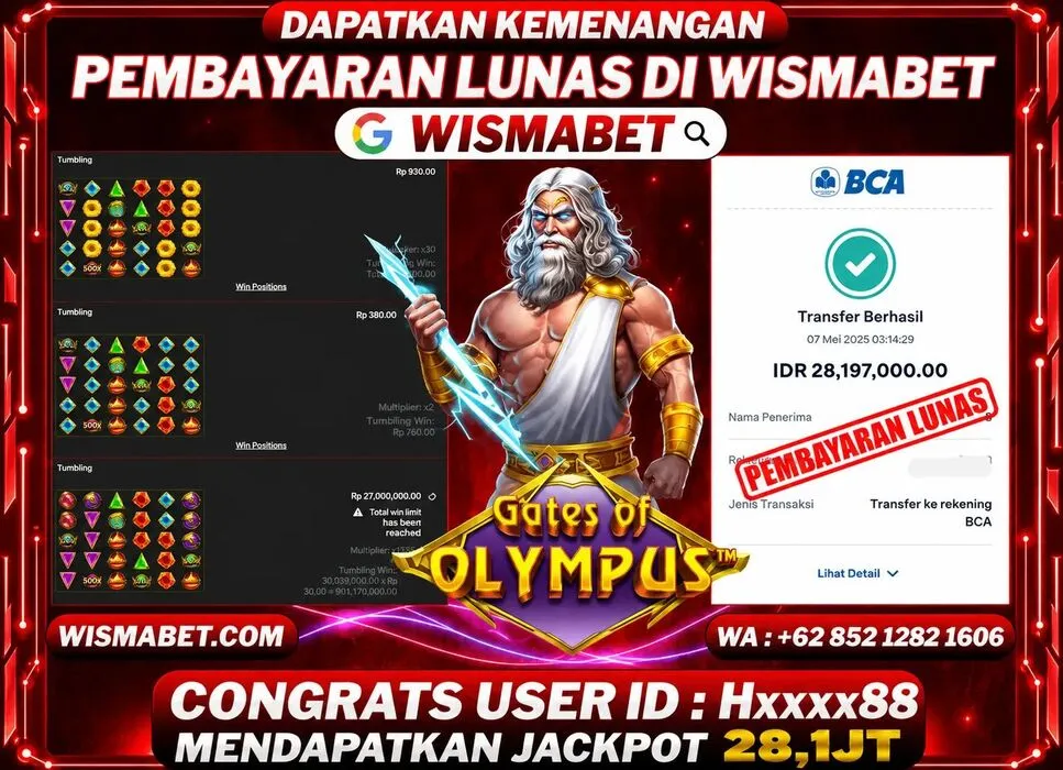 Wismabet - BUKTI KEMENANGAN JACKPOT Gates of Olympus Rp28,100,000,- LUNAS